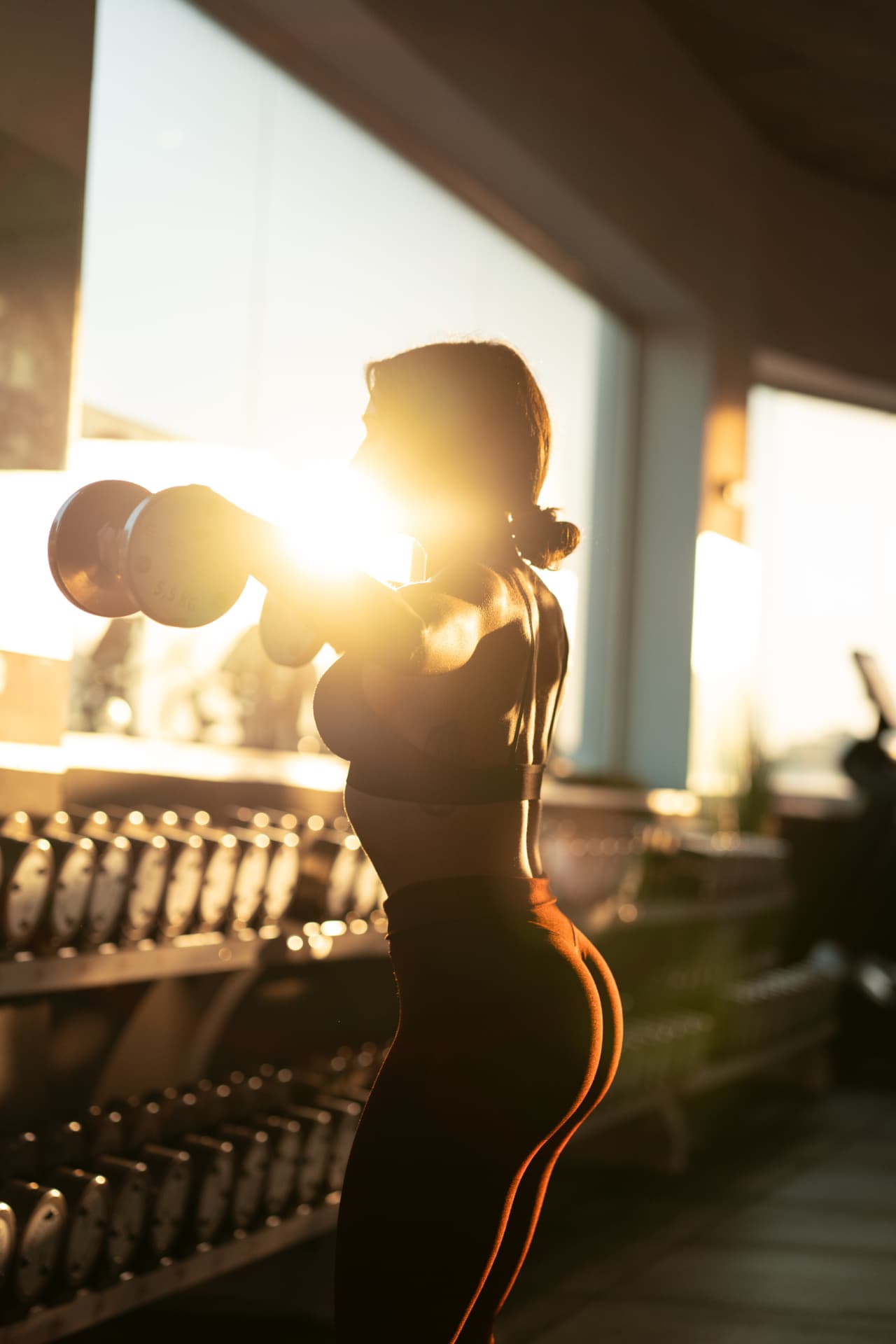 Member pressing dumbbells at golden hour on the Elements gym floor