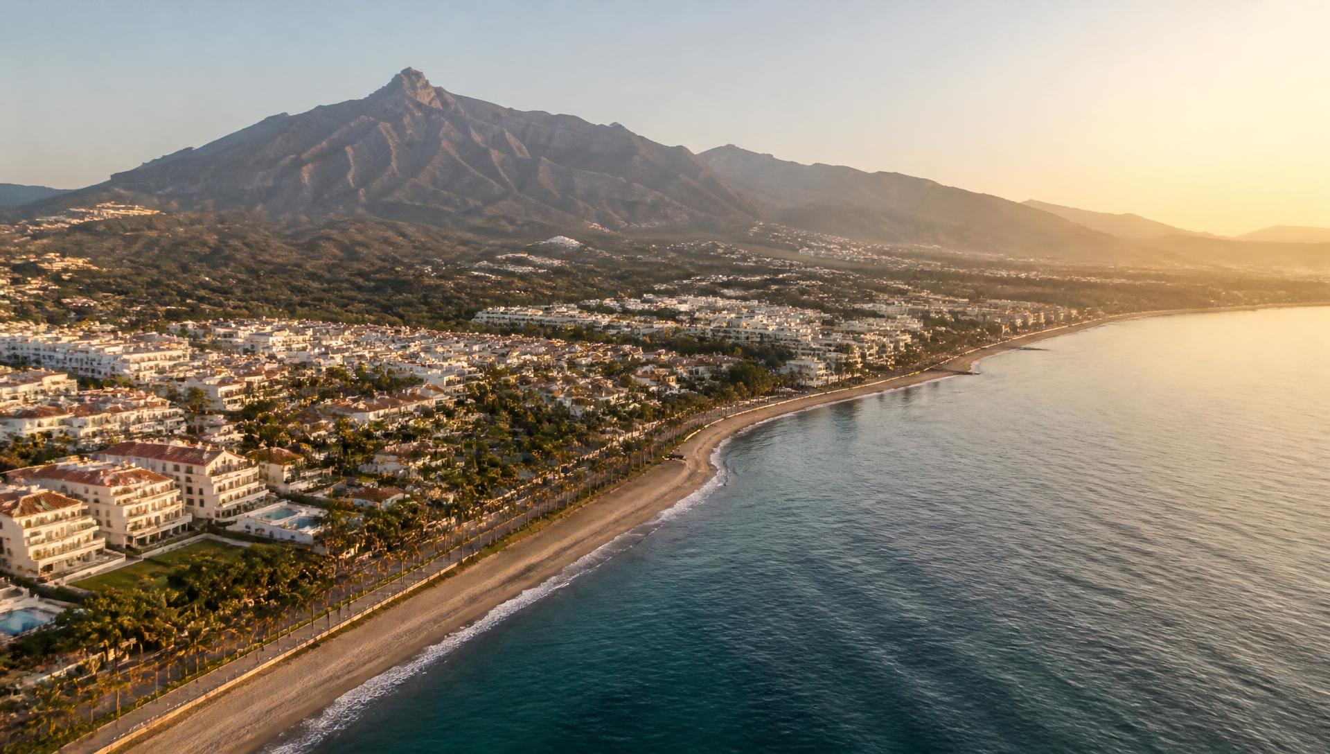 Aerial view of Marbella at golden hour with the town, coastline and La Concha mountains