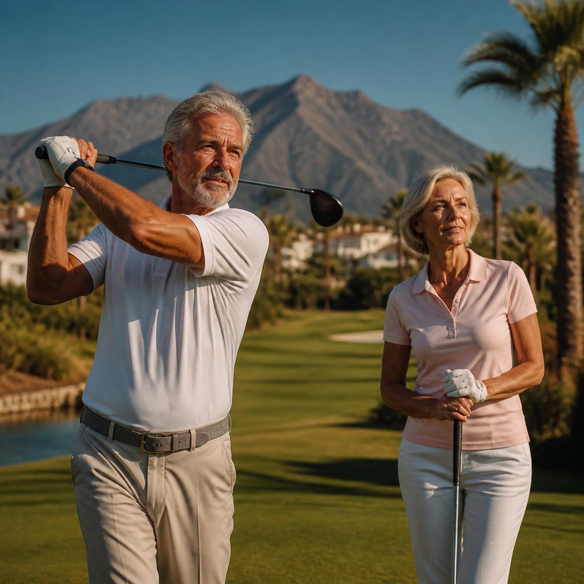 An active older couple walking a Marbella golf course